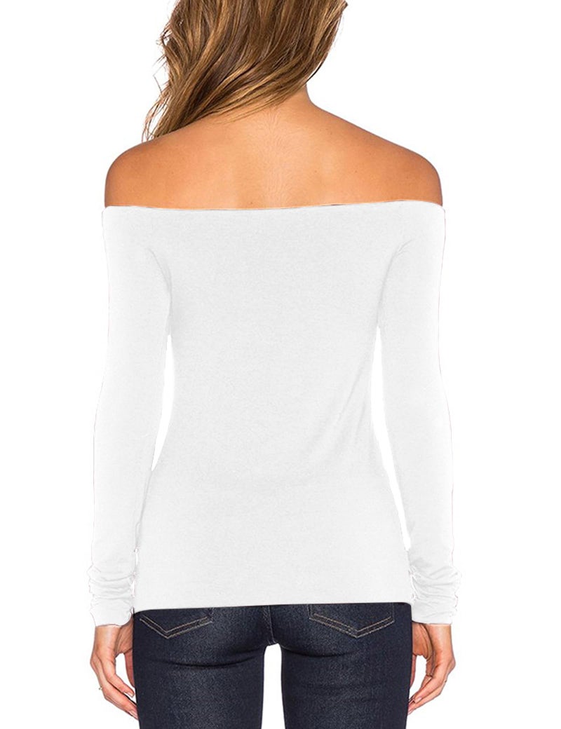 Sarin Mathews Women's Sexy Slim Fit Stretchy Off Shoulder Long Sleeve Blouse Tops Shirt White L - Image 3